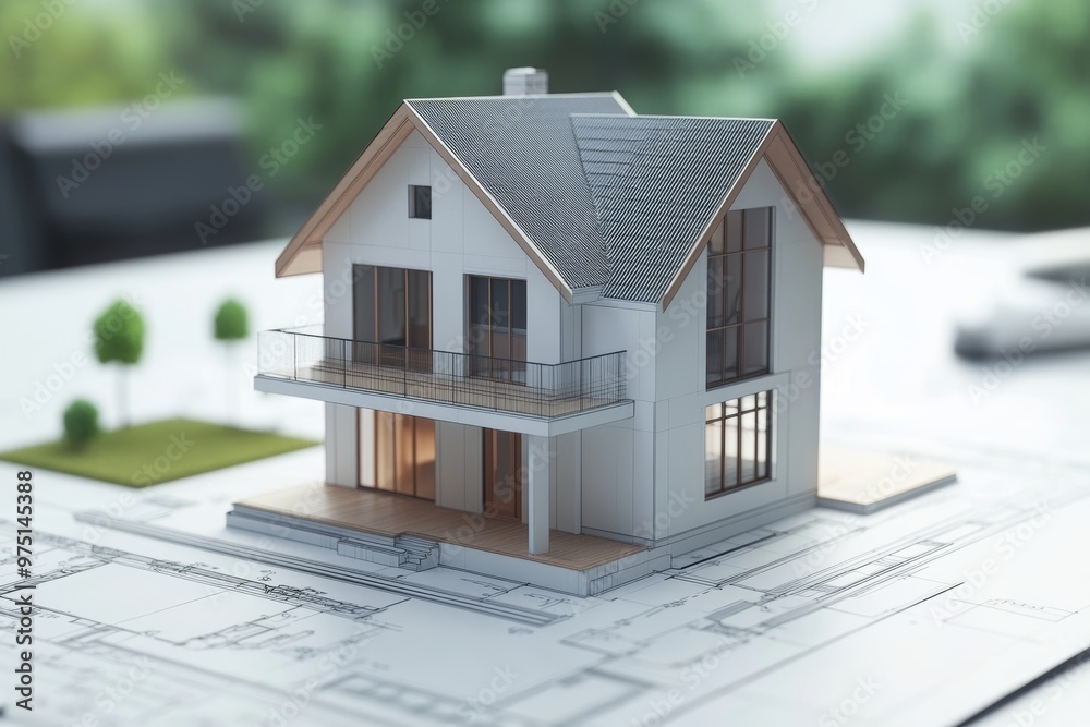 3d small house model displayed on architectural floor plan for design visualization 3d small house model displayed on architectural floor plan for design visualization