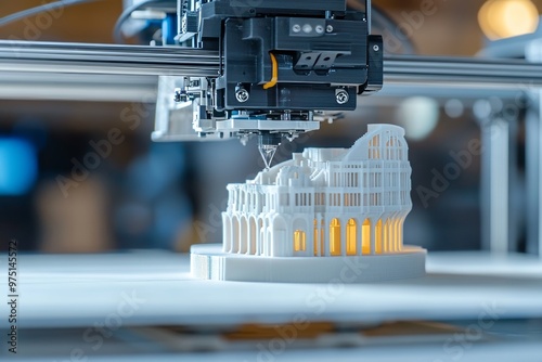 Close up view of a 3d printer fabricating a building model for rapid prototyping and design