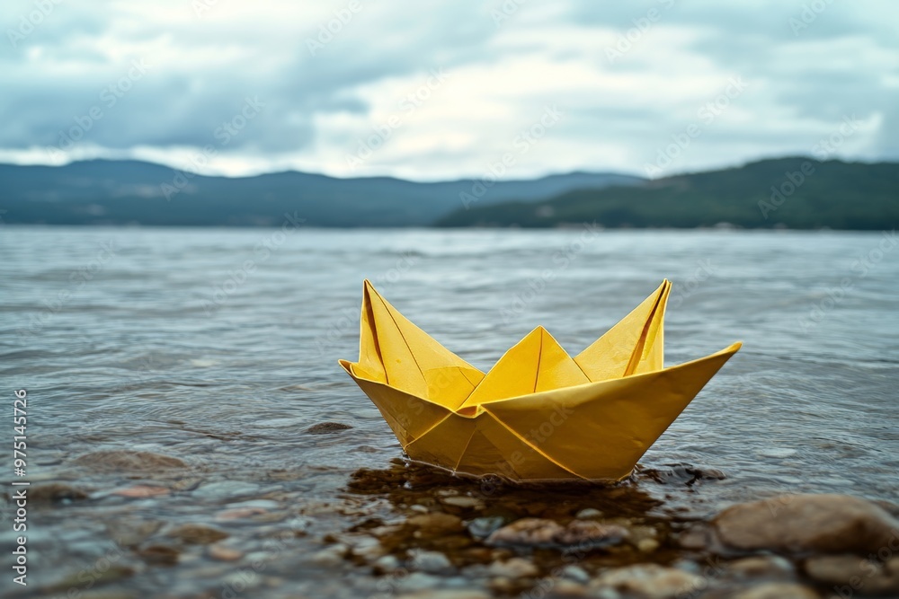 Yellow paper boat changing course a symbol of leadership, vision, and seizing opportunities Yellow paper boat changing course a symbol of leadership, vision, and seizing opportunities