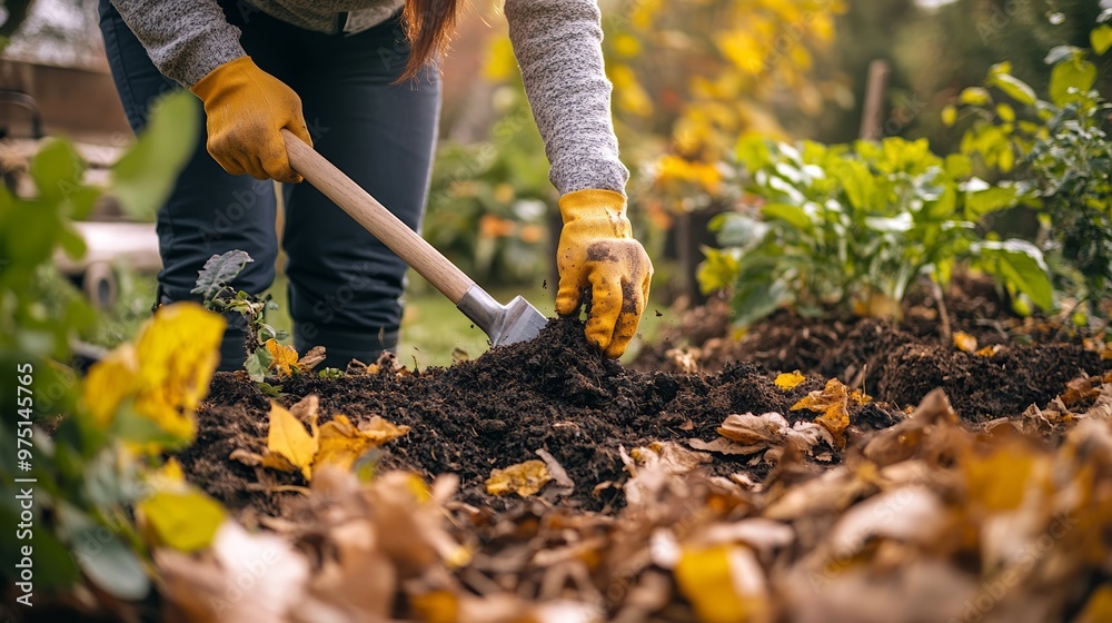 Fototapeta premium Turning Compost in Autumn Garden
