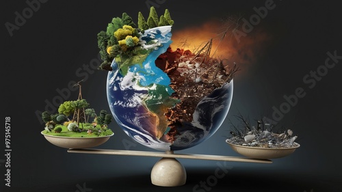 3D illustration of a green and degraded world showing choices to make about the environment and nature of the world.