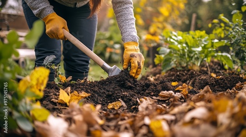 Turning Compost in Autumn Garden