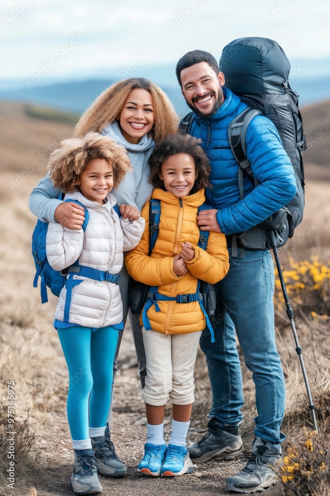 Diverse family hiking scenic park, exploring nature, enjoying outdoors. AI generated Diverse family hiking scenic park, exploring nature, enjoying outdoors. AI generated