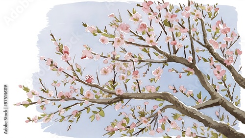 Watercolor spring blooming cherry tree branches background, card template, hand painted on a white background photo