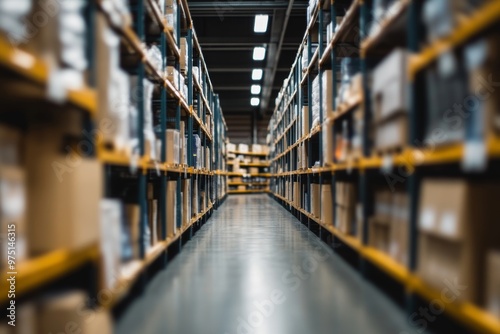 Blurred image of modern warehouse shelving featuring contemporary design elements