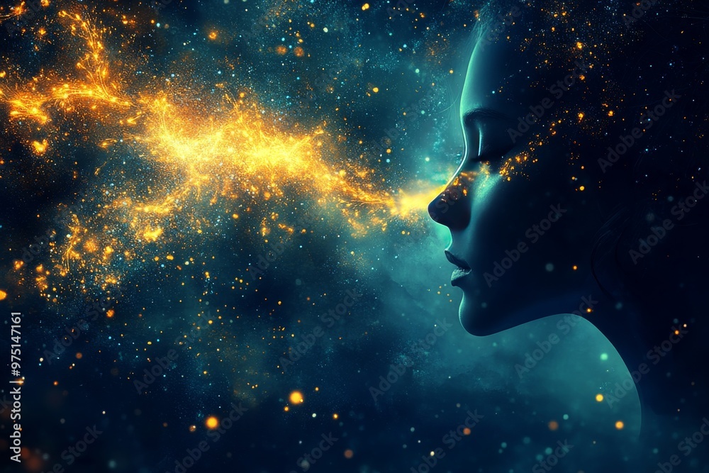 Fototapeta premium An abstract silhouette of a person dissolving into cosmic dust symbolizing the merging of human consciousness with the infinite universe and the ethereal nature of existence