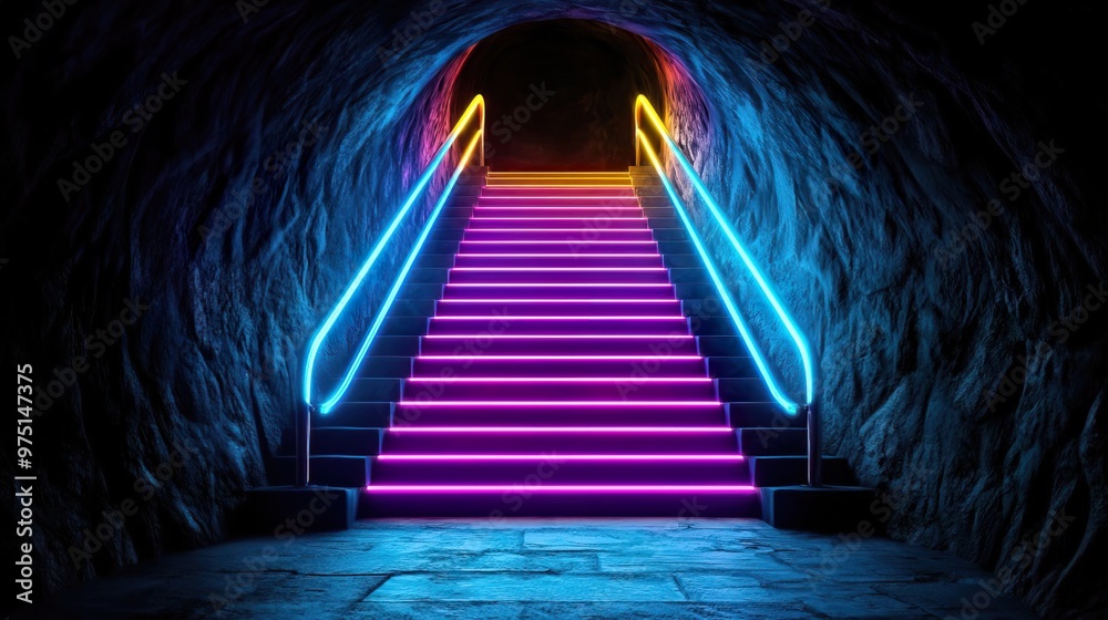 Neon lit staircase leading into a dark cave with stone walls. Neon lit staircase leading into a dark cave with stone walls.
