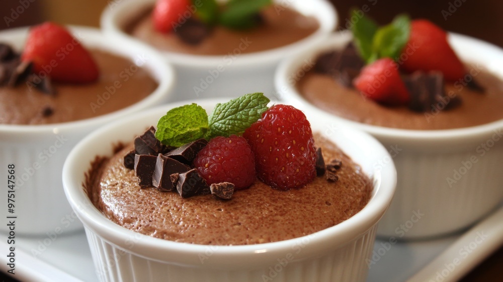 Closeup of four ramekins filled with chocolate mousse topped with raspberries, strawberries, and chocolate shavings. Closeup of four ramekins filled with chocolate mousse topped with raspberries, strawberries, and chocolate shavings.