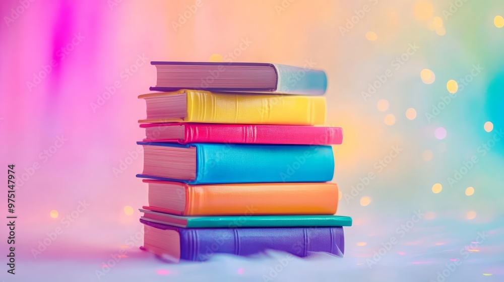 Fototapeta premium Colorful stack of books on a soft pastel background. Education and creativity concept