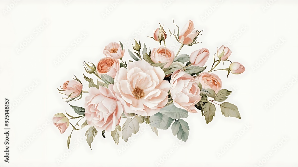 Hand drawn watercolor bouquet on white background. Beautiful gentle flowers in the composition. Roses. Design for card, invitation