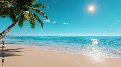 Tranquil beach scene with palm tree, clear blue water, and sunshine.