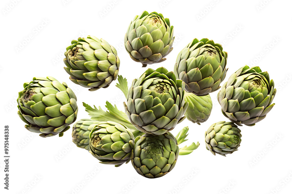 Fototapeta premium artichokes falling in the air on a transparent background PNG