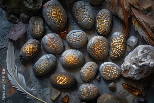 Mystical celtic runes on stones with feathers and crystals in warm light AI