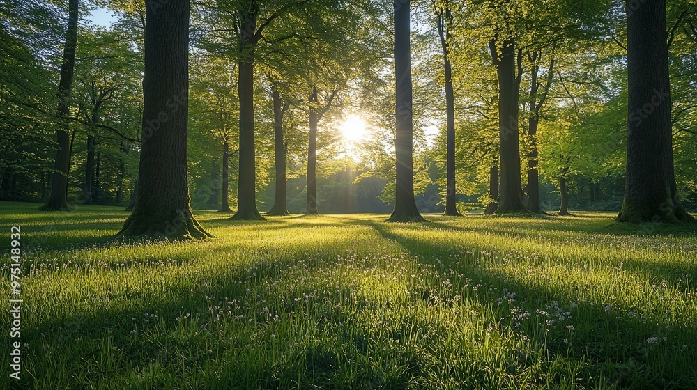 Fototapeta premium Sunlight Filtering Through Trees in a Lush Forest Clearing