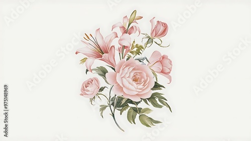 Hand drawn watercolor bouquet on white background. Beautiful gentle flowers in the composition. Roses. Design for card, invitation