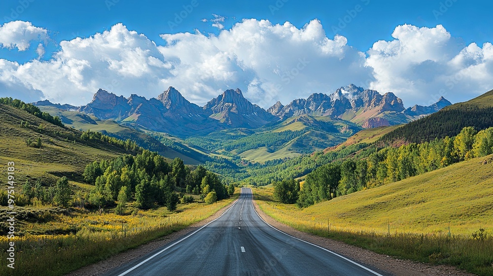 Naklejka premium Winding Road Through a Mountain Valley Under a Blue Sky With Clouds