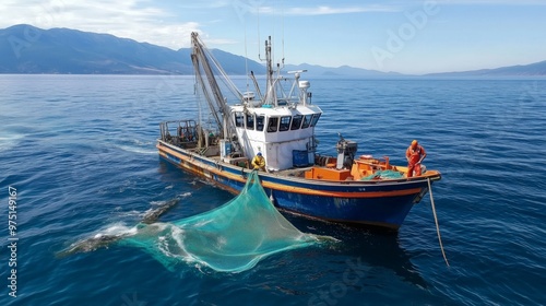 Fishing boat using eco-friendly nets preventing bycatch on ocean. AI generated