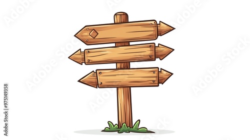 Cartoon wooden signpost with arrows pointing in different directions, isolated on a white background