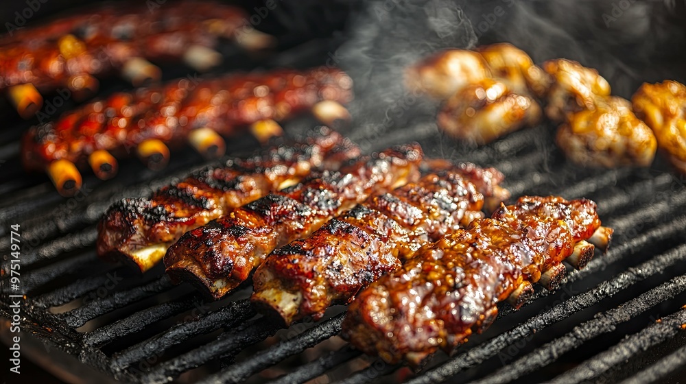 Close-up of Glazed Pork Ribs Grilling on a Charcoal Grill Close-up of Glazed Pork Ribs Grilling on a Charcoal Grill