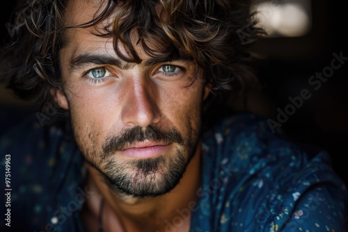 Thoughtful portrait of a person with intense gaze and wavy hair in natural light AI