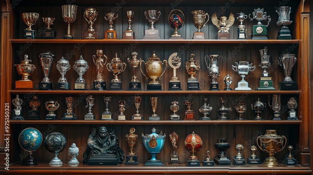 A Collection of Silver and Gold Trophies Displayed on Wooden Shelves A Collection of Silver and Gold Trophies Displayed on Wooden Shelves