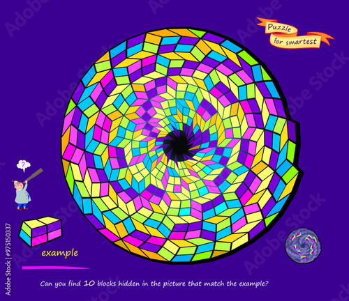 Logic puzzle game for children and adults. Can you find 10 blocks hidden in the picture that match the example? Develop spatial thinking. Task for attentiveness. Brain teaser book. Vector illustration