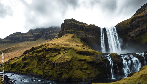 A landscape view of the Fossa waterfall in the Faroe island during a stormy day