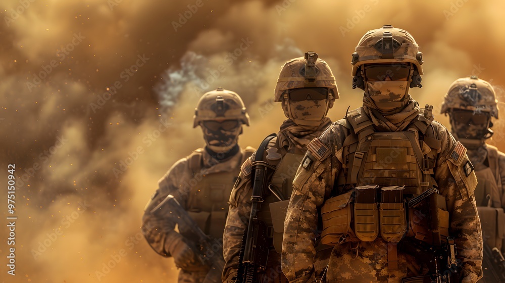 Group of soldiers in full gear, standing together with their faces hidden behind helmets and masks Group of soldiers in full gear, standing together with their faces hidden behind helmets and masks