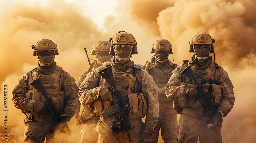 Group of soldiers in full gear, standing together with their faces hidden behind helmets and masks Group of soldiers in full gear, standing together with their faces hidden behind helmets and masks