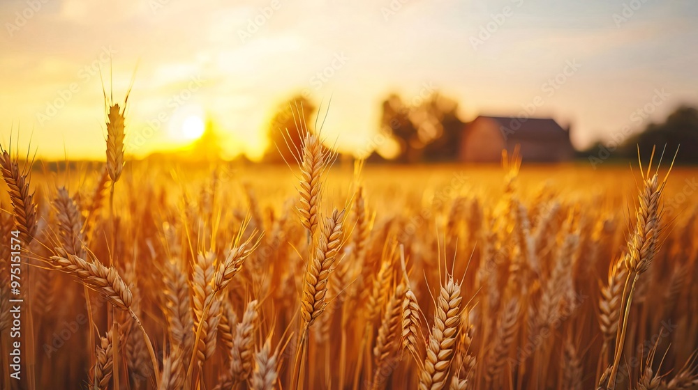 A golden wheat field at sunset, with the sun setting in the background and the warm hues of orange and pink casting long shadows over the fields A golden wheat field at sunset, with the sun setting in the background and the warm hues of orange and pink casting long shadows over the fields