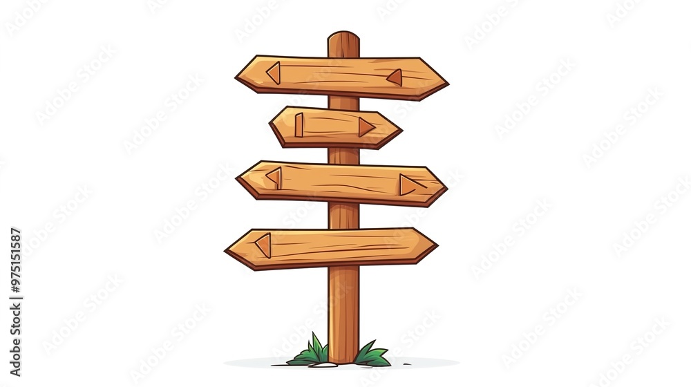 Cartoon wooden signpost with arrows pointing in different directions, isolated on a white background
Cartoon wooden signpost with arrows pointing in different directions, isolated on a white background