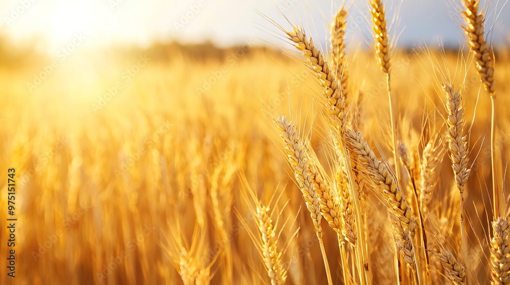 Golden wheat field at sunset, close-up of stalks with sunbeams.