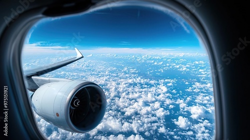 View from airplane window, clouds, sky, sunrise, wing, engine.