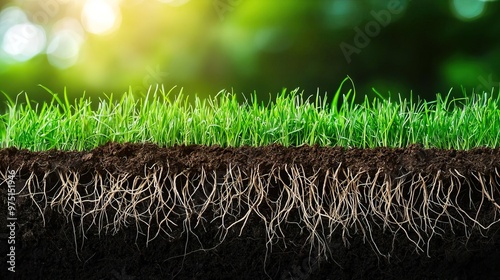 Close-up of grass roots in rich soil with a blurred green background.