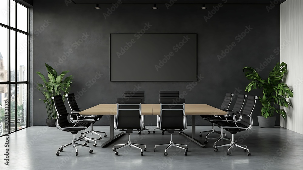 Sleek conference room featuring a wooden table, black chairs, potted plants, and large windows with a city view for a professional atmosphere. Sleek conference room featuring a wooden table, black chairs, potted plants, and large windows with a city view for a professional atmosphere.