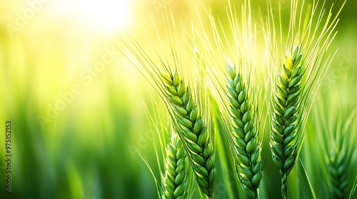 Wheat, green wheat ears in the field, macro photography, blurred background, natural lighting, high-definition photography, high-resolution details, high detail, high qualit, 8K, U photo