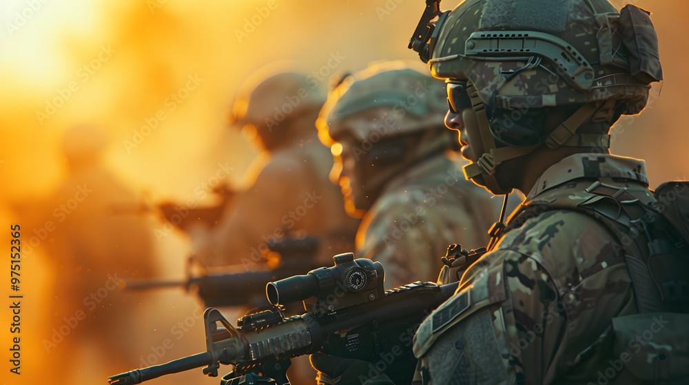 Group of soldiers in full gear, standing together with their faces hidden behind helmets and masks Group of soldiers in full gear, standing together with their faces hidden behind helmets and masks