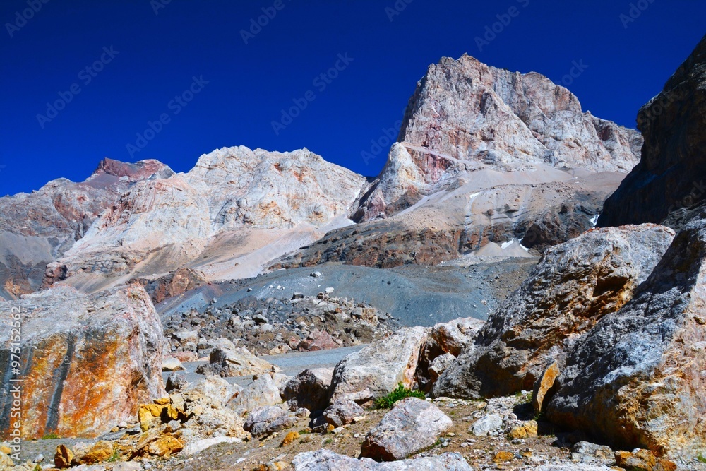 Impressive rock formations seen from the hiking trail between Alauddin Lake and Mutnyi Lake in the Fann Mountains (part of the western Pamir-Alay mountain system, Tajikistan's Sughd Province)