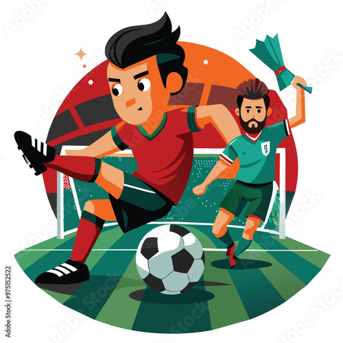 A cartoon football player in a red jersey executes a penalty kick as a teammate in green celebrates illustrating excitement on a colorful pitch