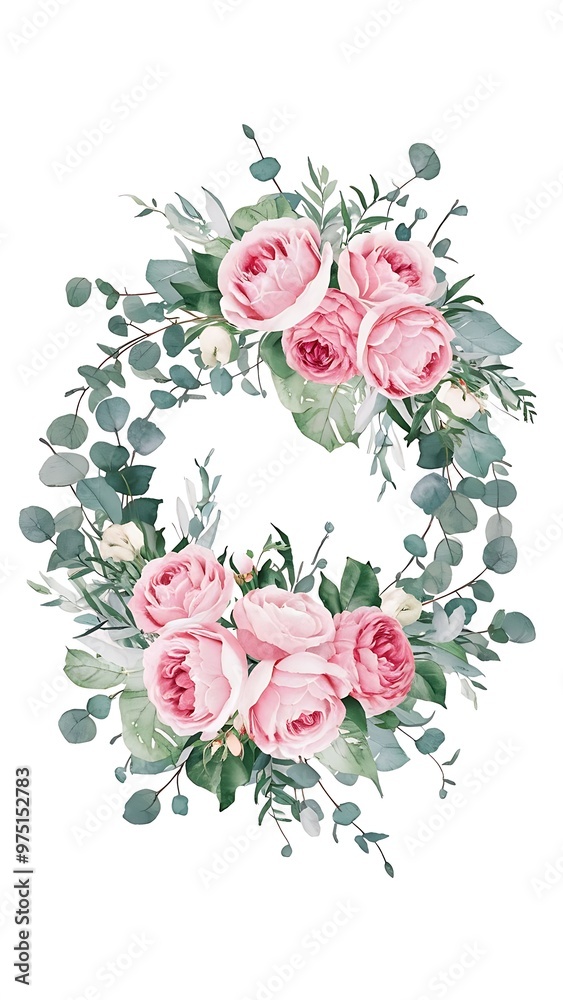 Wreath of watercolor pink roses, green leaves and eucalyptus branches, isolated illustration on white background Wreath of watercolor pink roses, green leaves and eucalyptus branches, isolated illustration on white background