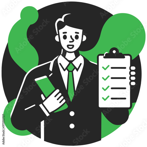 A businessman holds a clipboard with checkboxes indicating completed tasks while dressed in formal attire in a vibrant background