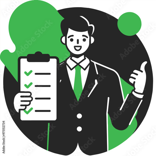 A businessman enthusiastically indicates task completion while holding a checklist showcasing his commitment to organization and efficiency in the workplace