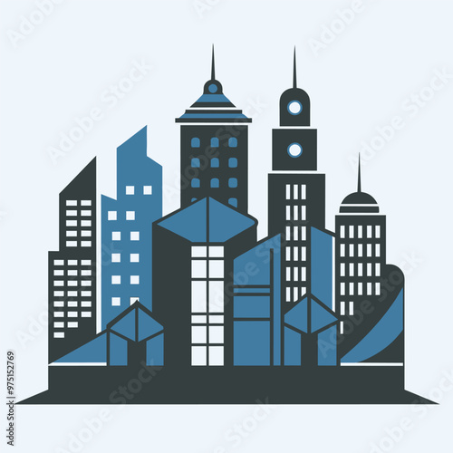 A minimalist illustration showcases a collection of city buildings in varying shapes and heights featuring a modern style with blue and gray tones