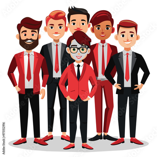 A group of six stylish young businessmen stands proudly in matching red and black suits showcasing camaraderie and professionalism in a modern office environment