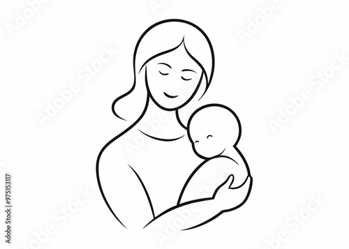 Mom holding a new born baby Line art vector 