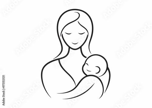Mom holding a new born baby Line art vector 