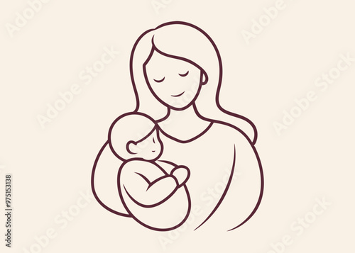 Mom holding a new born baby Line art vector 