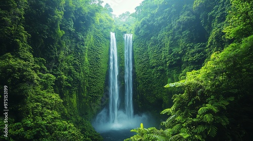 Lush Green Rainforest with a Cascading Waterfall