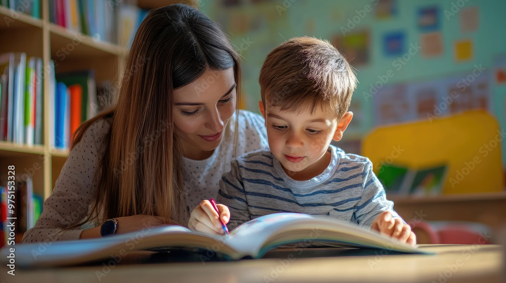 Female teacher and little boy student reading textbook together at table on blurred background, young woman teaching child to read, elementary school, kindergarten, schoolchild, girl tutor, nanny, kid