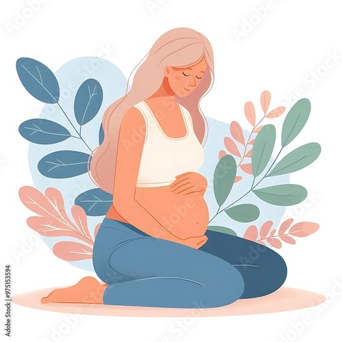 flat-style illustration of a pregnant woman standing gracefully, surrounded by soft leaves. Ideal for maternity, wellness, and nature-themed designs. Simple, elegant, and calming composition.